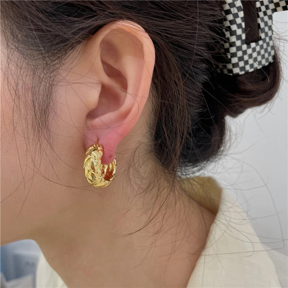 铜合金耳饰 欧美小众复古金色菱格纹形耳环女时尚百搭简约ins耳饰