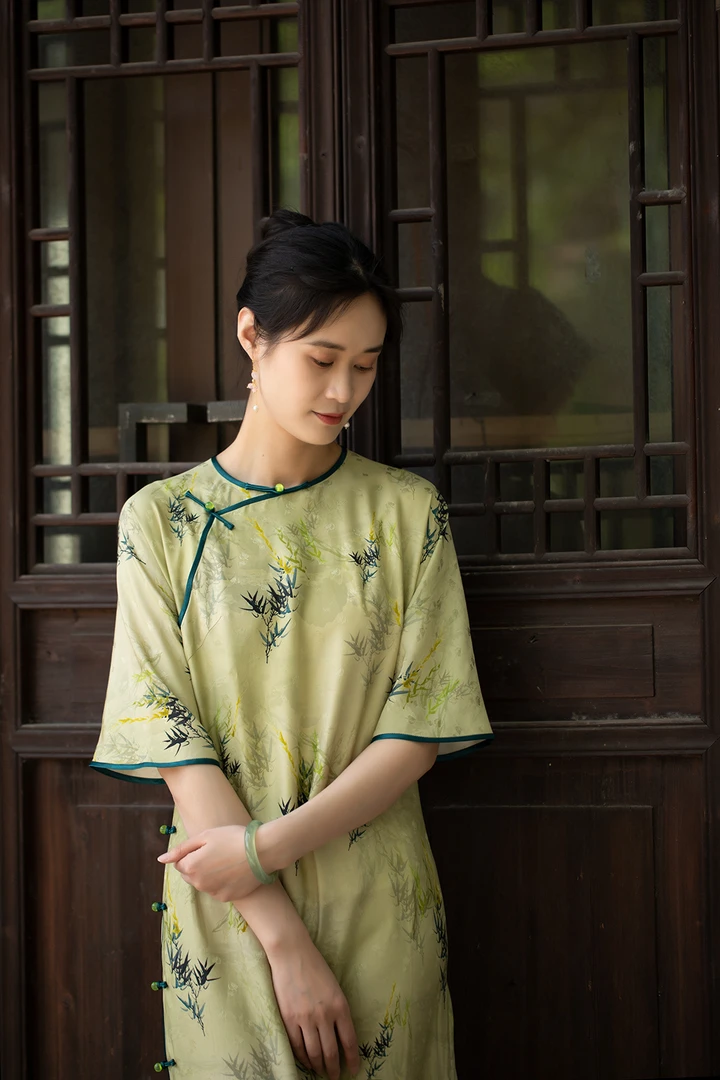且听吴歌清响新中式桑蚕丝古法中长款气质古典清新竹叶旗袍连衣裙
