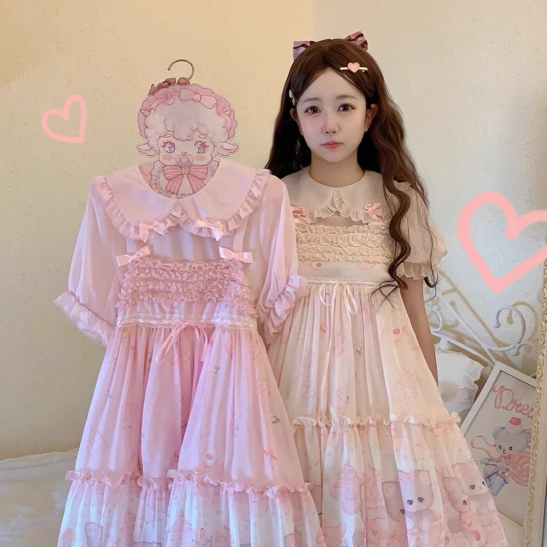 现货-夏日桃桃-轻Lolita卡奶小个子雪纺猫咪吊带裙