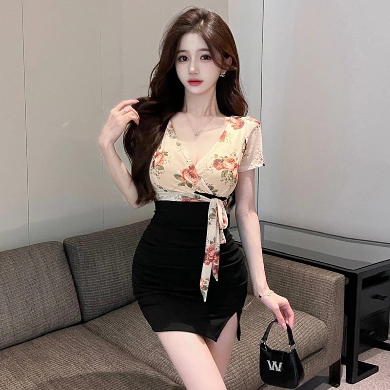 气质收腰绑带印花拼接包臀裙夏季夜店女装温柔甜美显瘦性感连衣裙