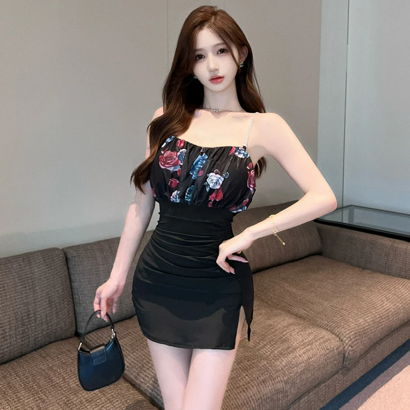 夜店女装性感印花拼接紧身打底吊带连衣裙气质收腰显瘦包臀短裙子