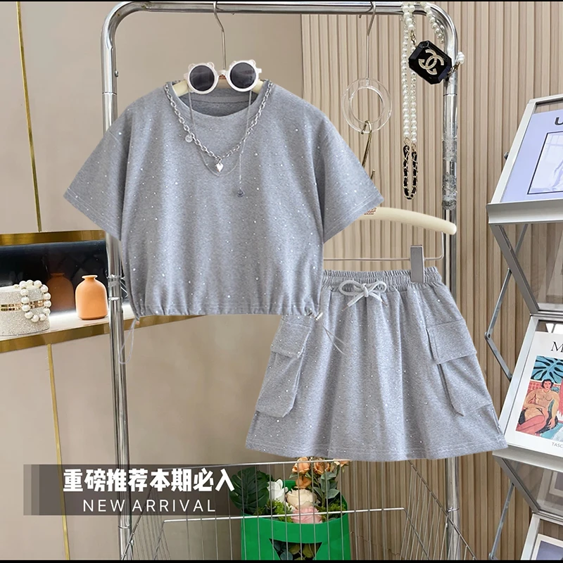 2024新款夏季灰色套装中大童亲子短袖短裤韩版休闲两件套时尚短款