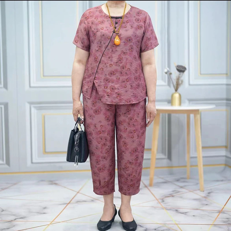 胖妈妈夏装加肥大码短袖套装200斤中老年女洋气上衣奶奶两件套装