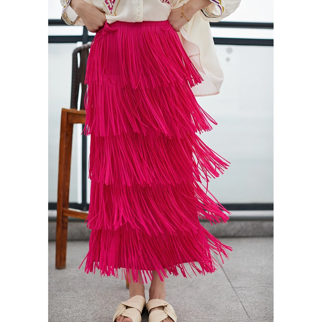 【摇曳流苏裙】三宅设计感褶皱气质高腰A字新款夏季长款半身裙1768