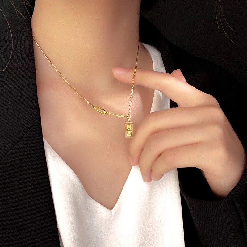 钛钢项链 双面暴富金砖项链女叠链吊坠简约轻奢锁骨链气质饰品