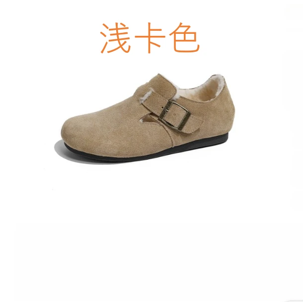 青怡QINGYI牛皮版加绒加厚勃肯鞋女平底防滑外穿毛