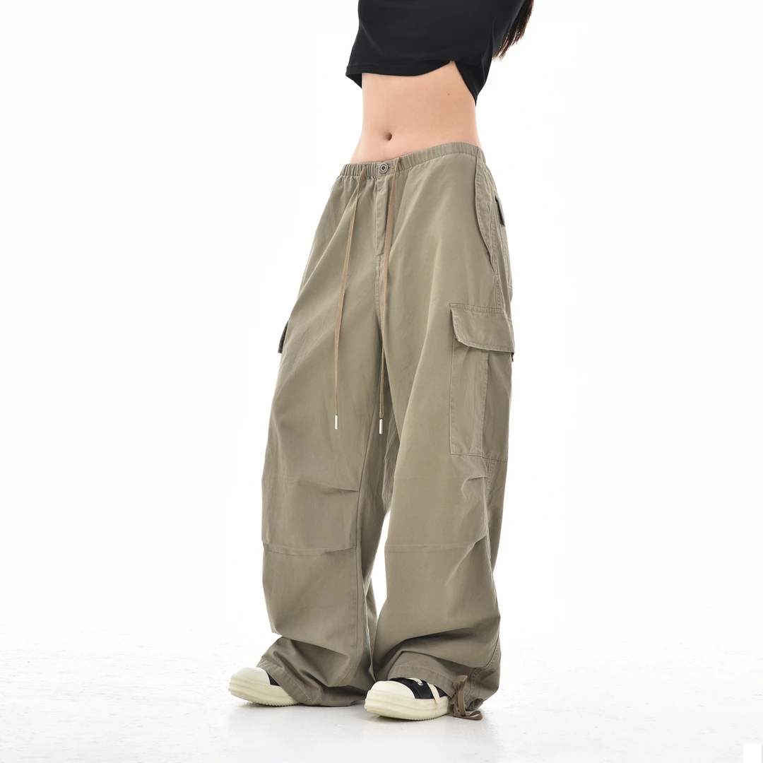ORDERSTAGE美式复古伞兵工装裤女宽松直筒阔腿拖地休闲降落伞裤