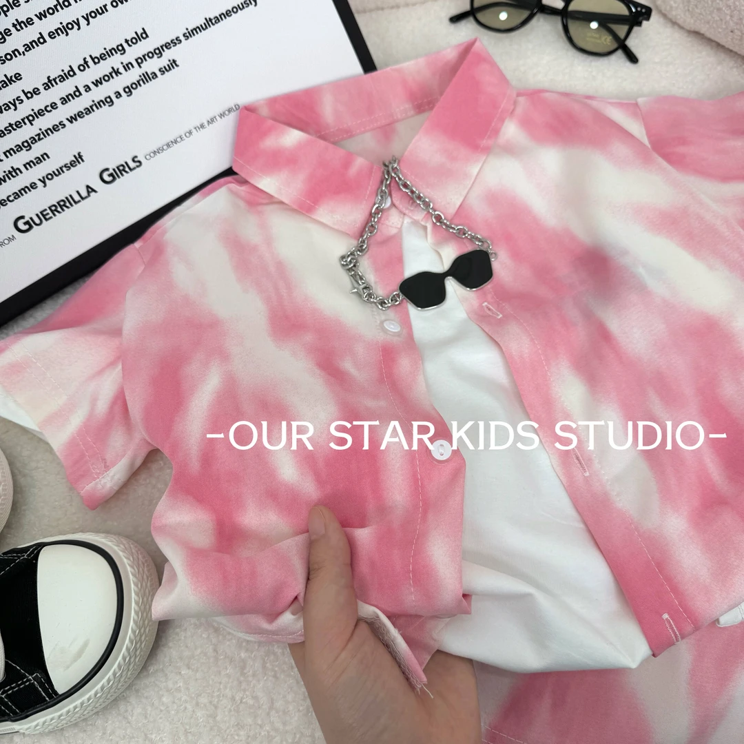 【桃桃蜜柚】儿童夏款套装男童薄款宽松衬衫痞帅中大童扎染印花