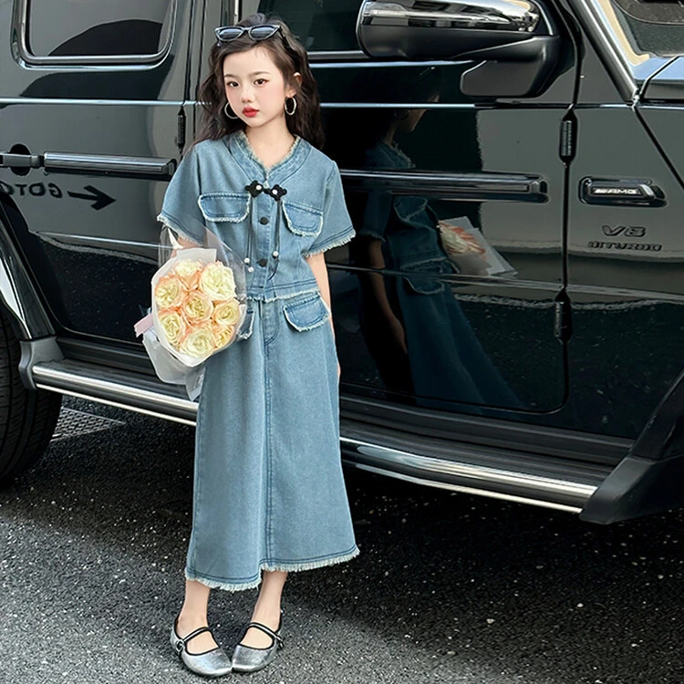 女童夏款套装裙子2024新款大童洋气时髦牛仔连衣裙半身儿童两件套
