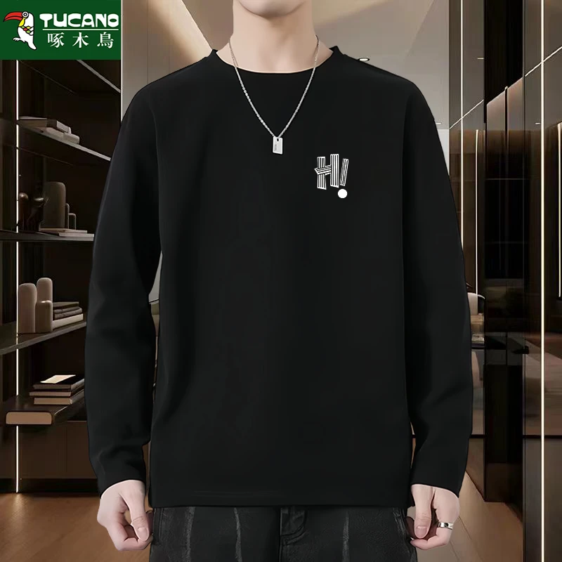 啄木鸟纯棉长袖t恤男士秋季潮流时尚百搭T恤圆领大码印花休闲秋衣