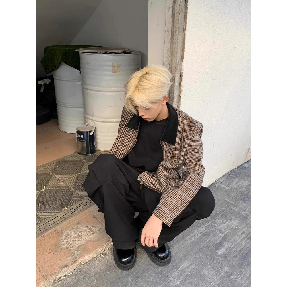 小香风千鸟格短款外套男春秋美式vintage潮牌高级感工装飞行夹克