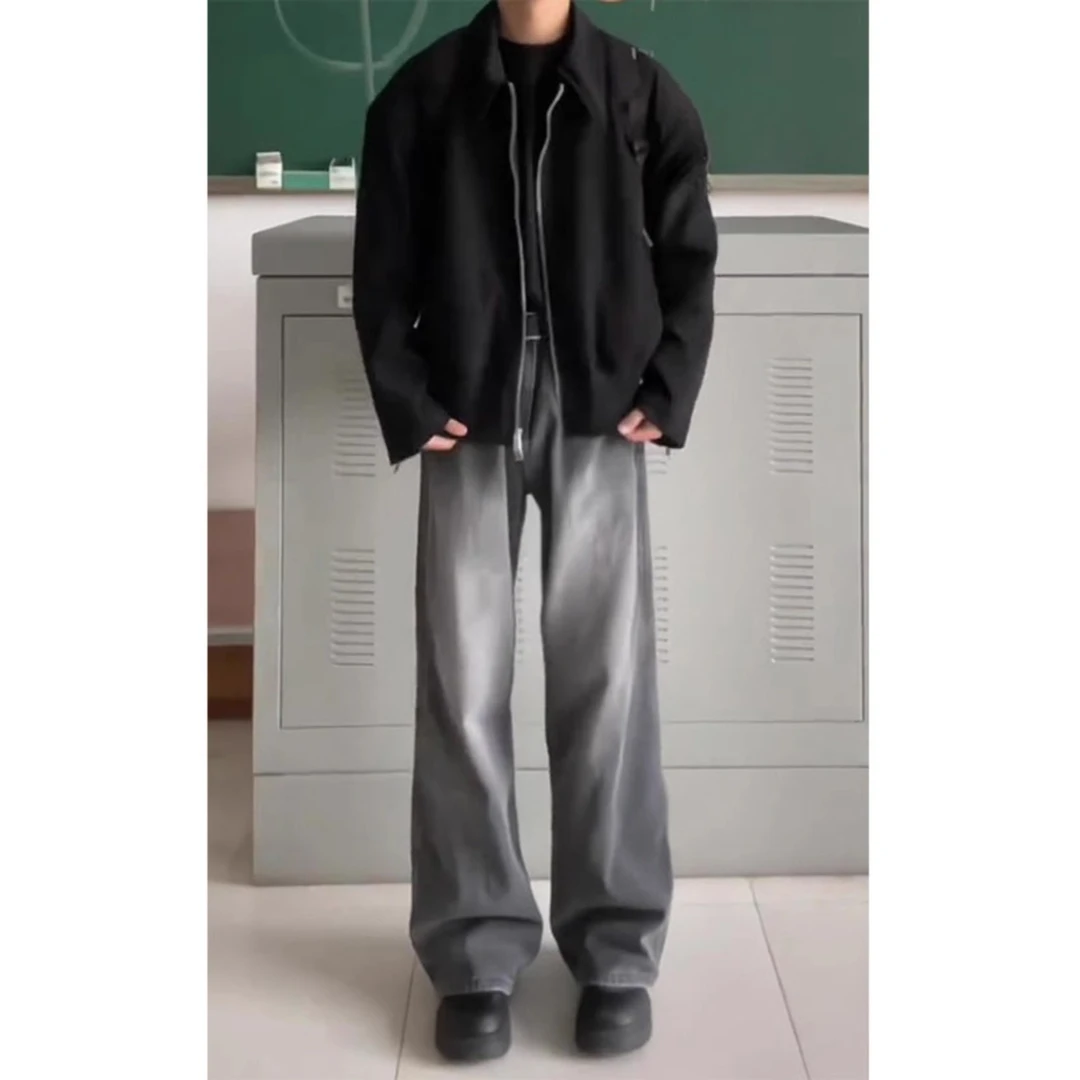渐变水洗做旧拖地牛仔裤男春秋高街vibe美式潮牌宽松直筒阔腿裤子