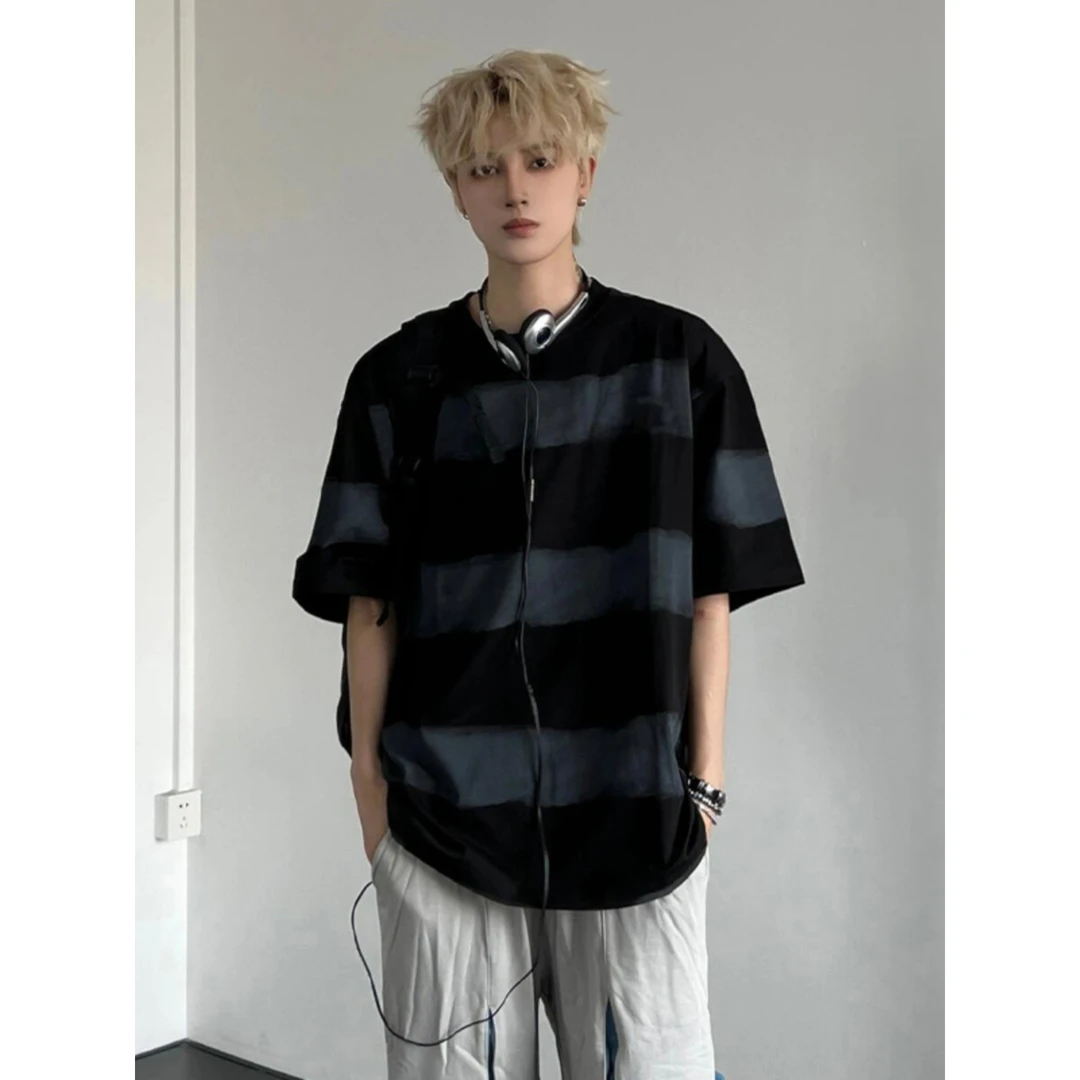 扎染条纹做旧纯棉重磅短袖t恤男款夏季美式高街潮牌痞帅五分半袖