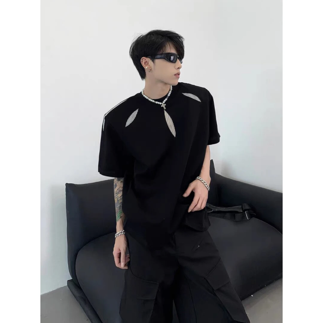 树叶网眼拼接重磅300g垫肩短袖t恤男夏季美式高街潮牌痞帅五分袖