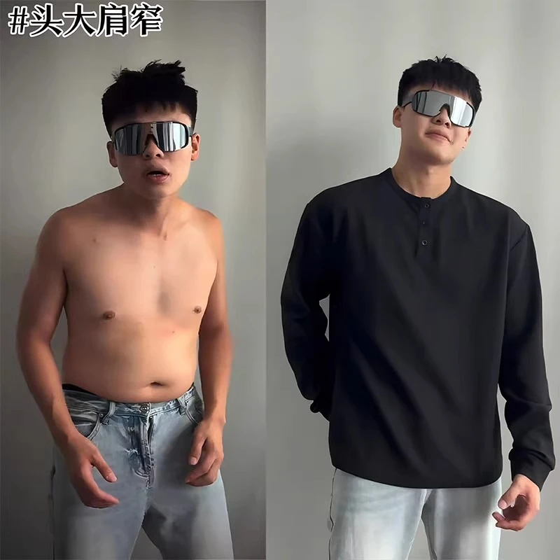 黑色亨利领内搭长袖t恤男春秋美式cleanfit潮牌痞帅宽松打底上衣
