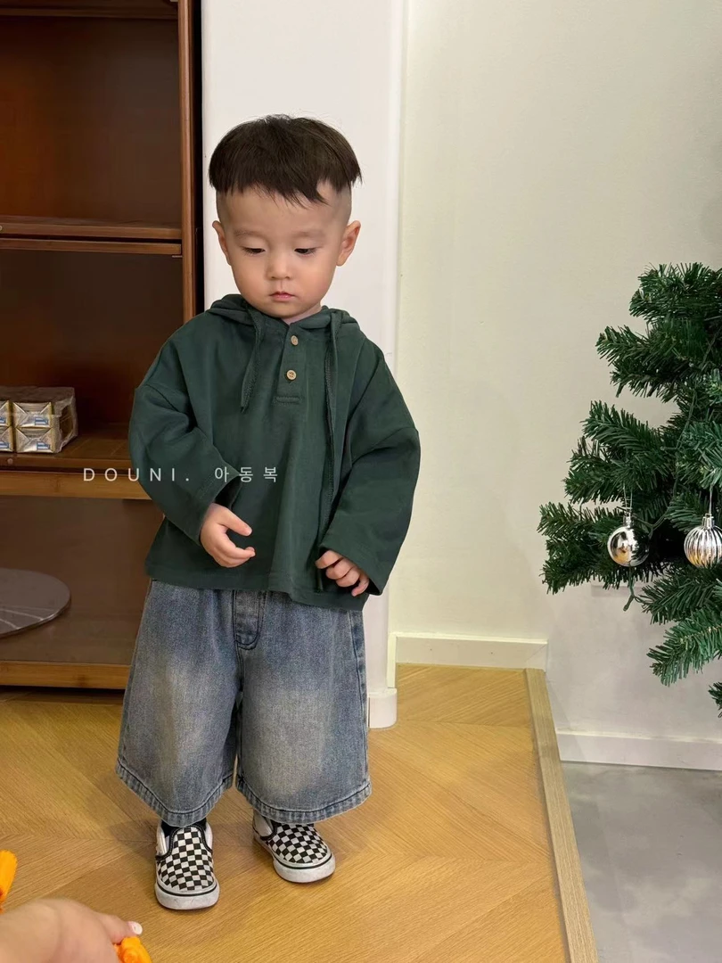 豆泥kids 2024韩版秋季儿童连帽卫衣时尚宽松男女童纯色上衣帽衫