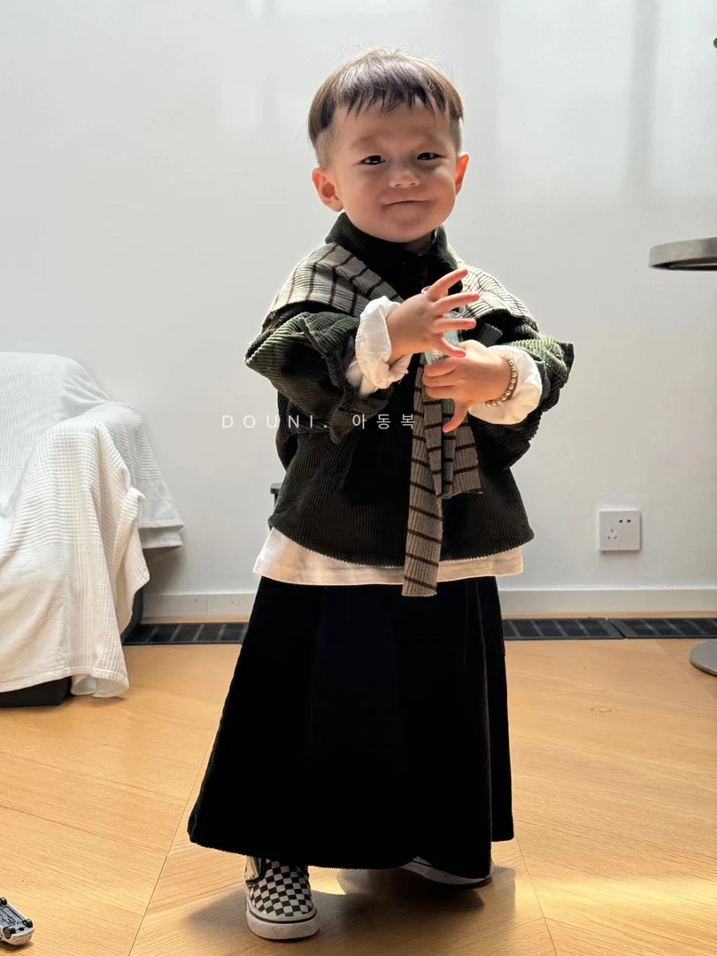 豆泥kids2024秋季新款儿童灯芯绒长袖衬衫男女宝宝森系外套送披肩