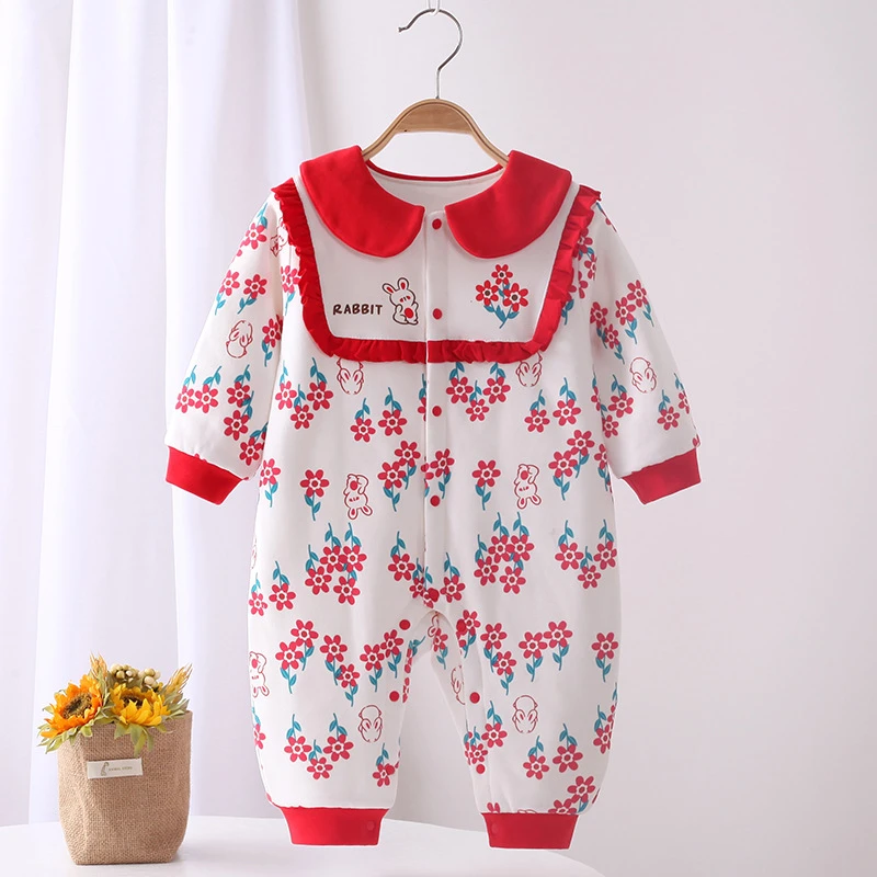 冬季婴儿连体棉袄加厚女宝宝公主风棉服外出服洋气满月长袖棉衣