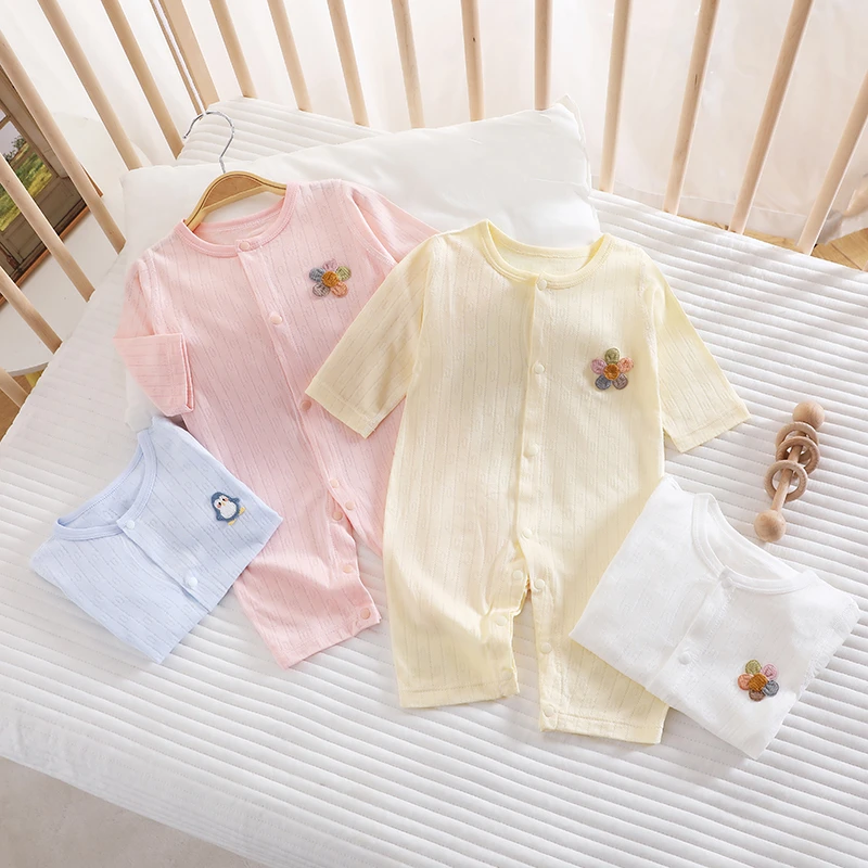 夏季婴儿连体衣新生儿哈衣爬服竹纤维提花薄款长袖空调服透气