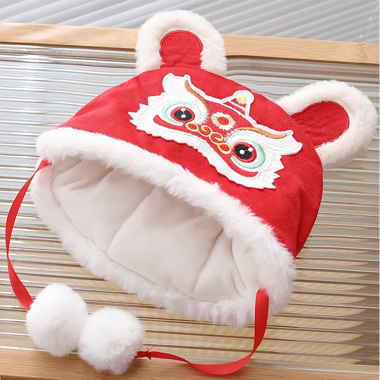 婴儿帽子冬季加厚防寒宝宝帽子加绒中国风虎头帽喜庆拜年