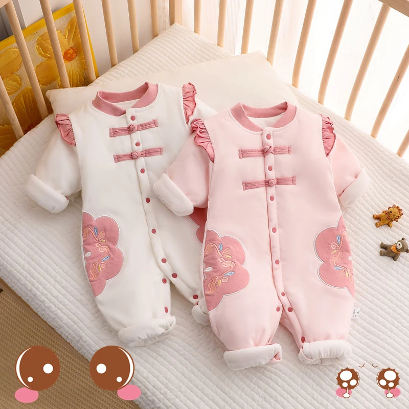 冬季婴儿连体棉袄夹棉加厚宝宝拜年服中国风新生儿棉服满月周岁礼