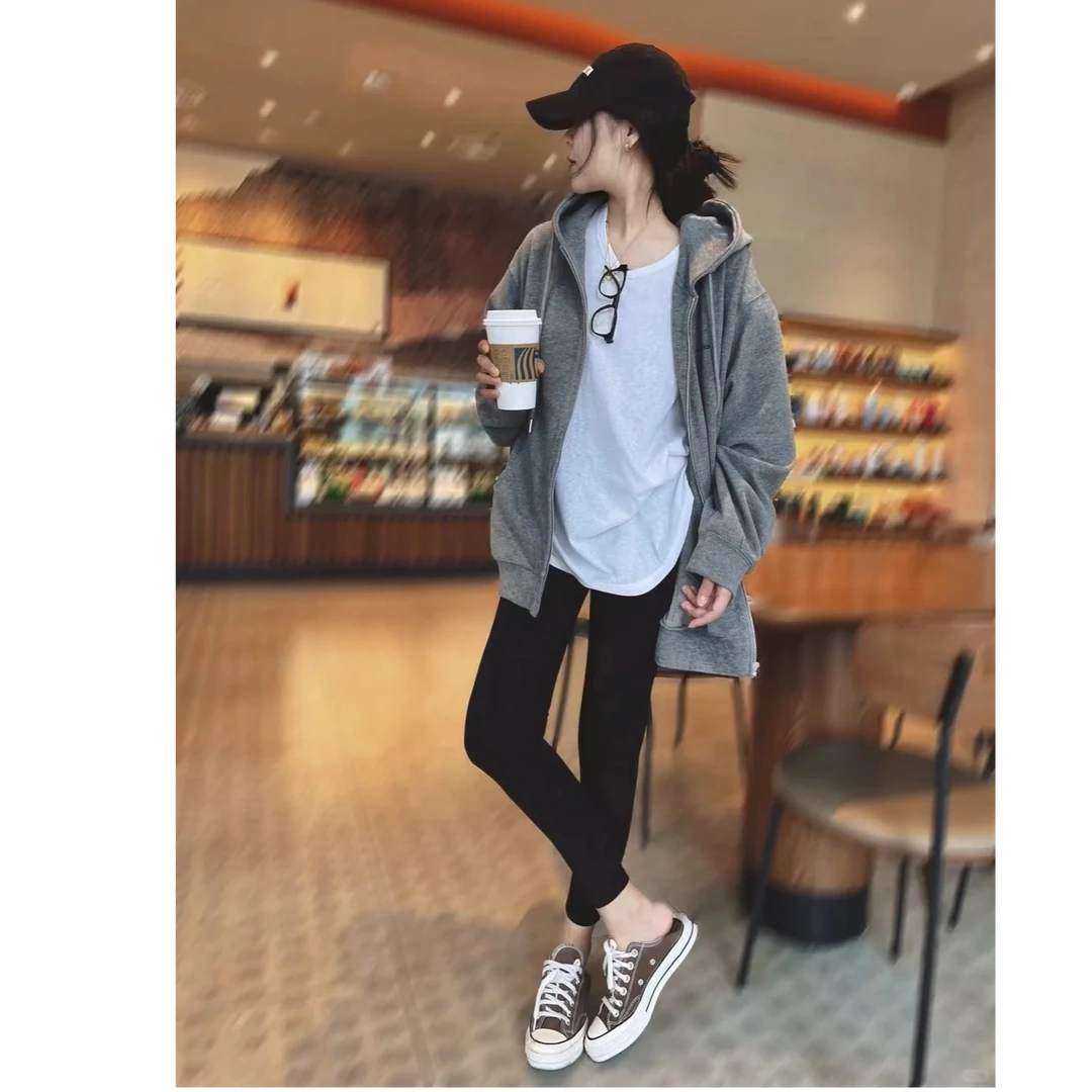 灰色连帽卫衣女韩版2024新款简约软糯百搭外套打底裤白色T恤宽松