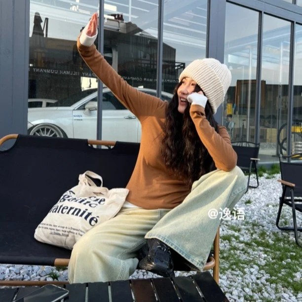 逸语假两件长袖T恤女美拉德风百搭打底衫上衣圆领T2331