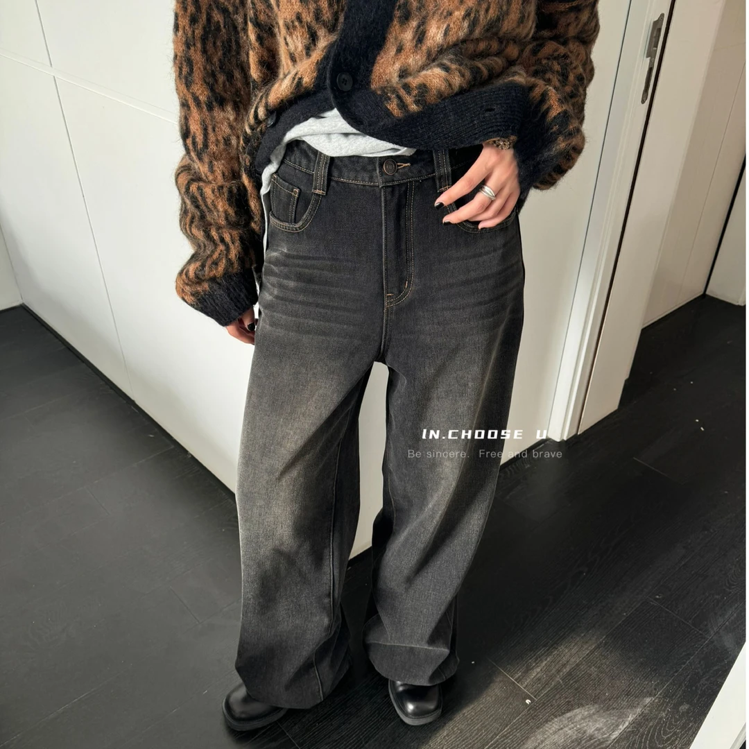 逸语IN choose u笑笑家2024年冬季加绒宽松阔腿牛仔裤拖地裤86635