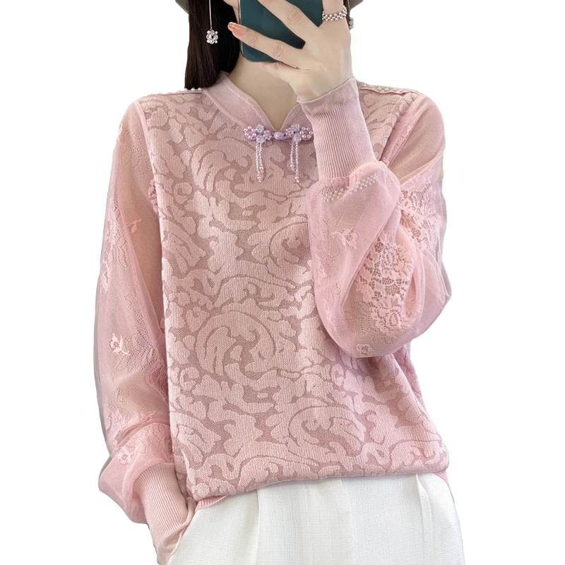 新中式国风立领百搭别致减龄气质时尚复古蕾丝拼接上衣淑女针织衫