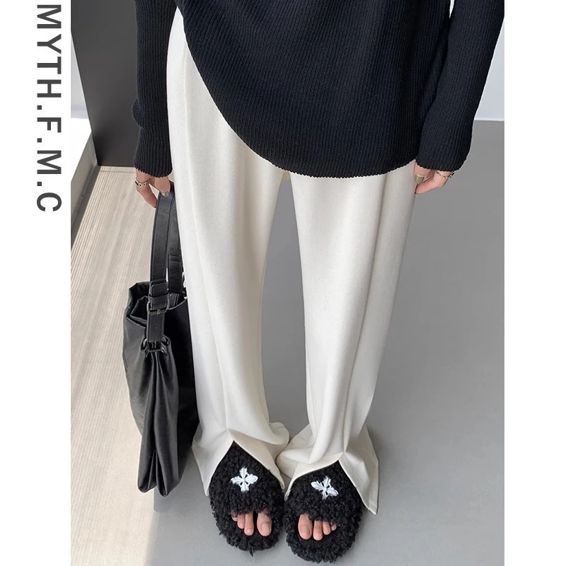 白色仿羊绒微喇开叉糯米裤子女秋冬季2024新款高腰窄版阔腿裤垂感