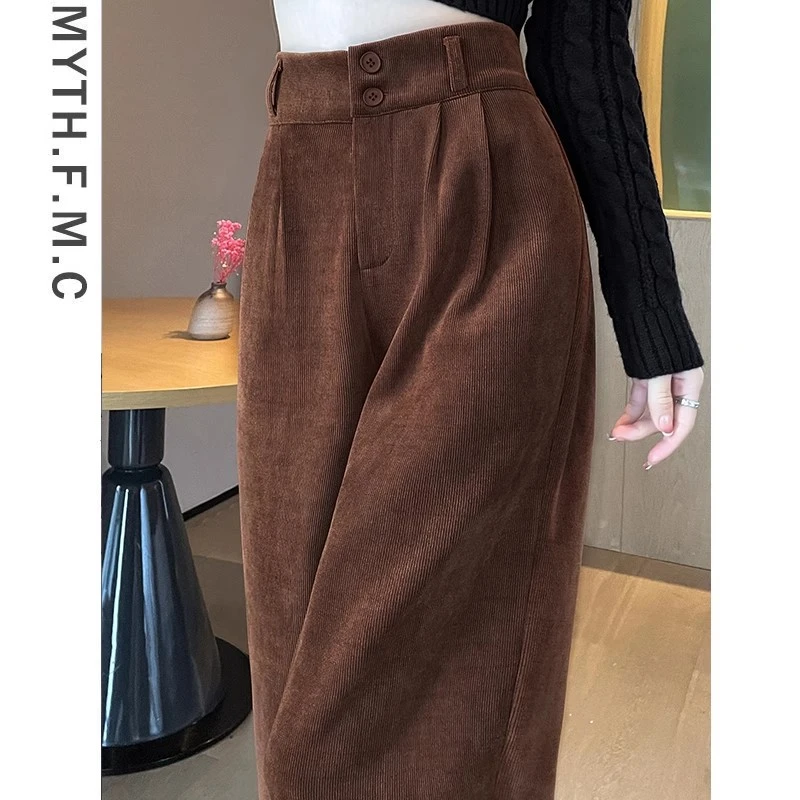 咖啡色加绒灯芯绒裤子女秋冬季2023新款高腰直筒雪尼尔阔腿裤垂感