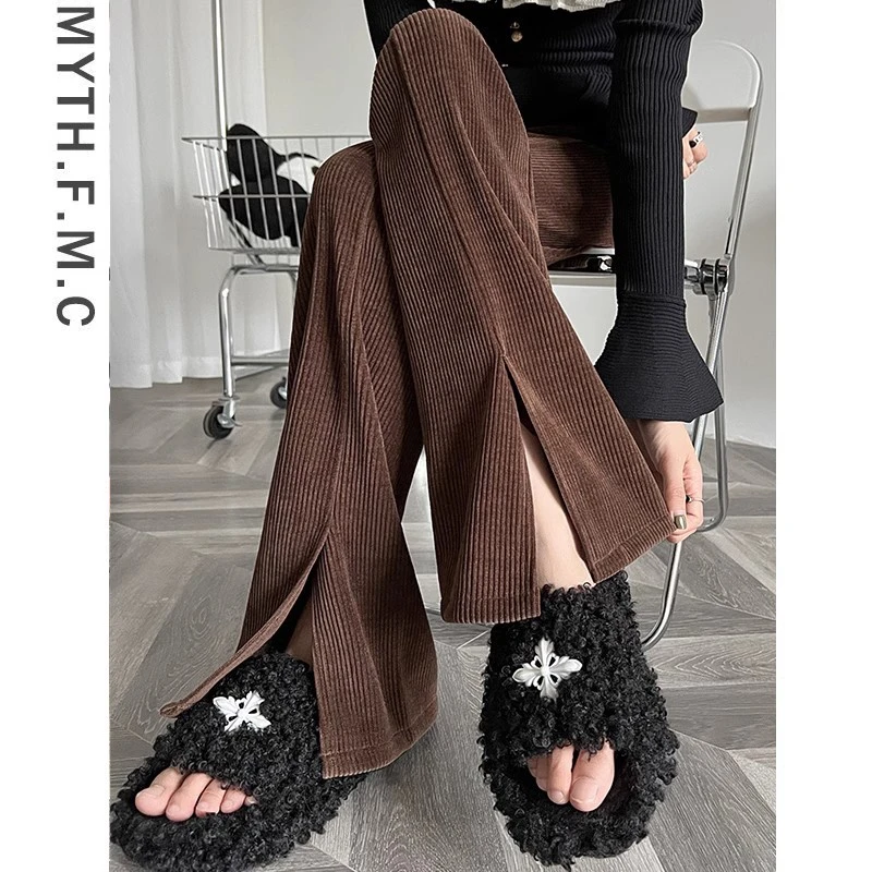 咖啡色微喇灯芯绒裤子女秋冬季2023新款高腰窄版直筒阔腿裤垂坠感