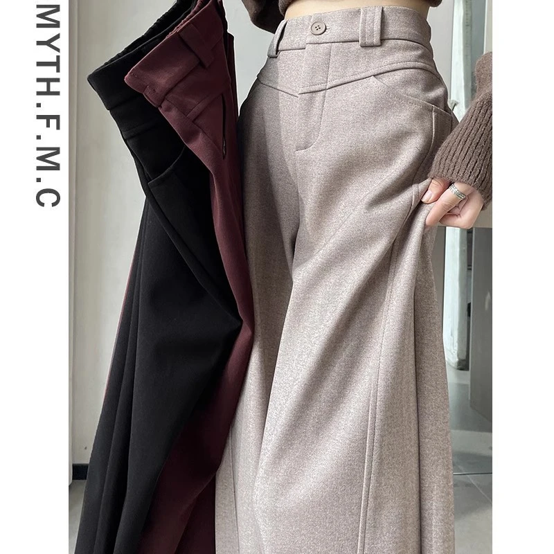 燕麦色毛呢西装裤子女秋冬季2024新款宽松高腰直筒窄版阔腿裤垂感