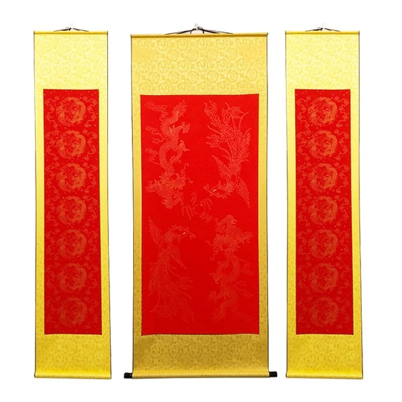 空白卷轴画轴加厚全绫万年红龙凤仙鹤对联春联结婚祝寿半生熟