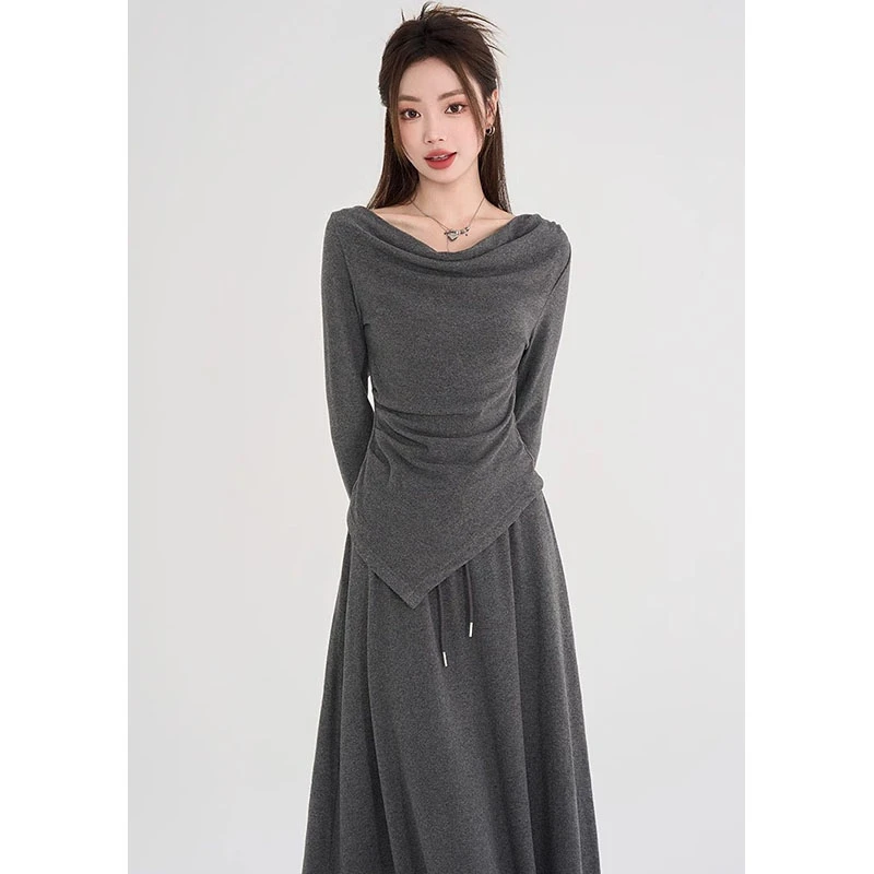 2024年春秋新款软糯修身显瘦一字肩上衣女时尚百搭a字半身裙套装