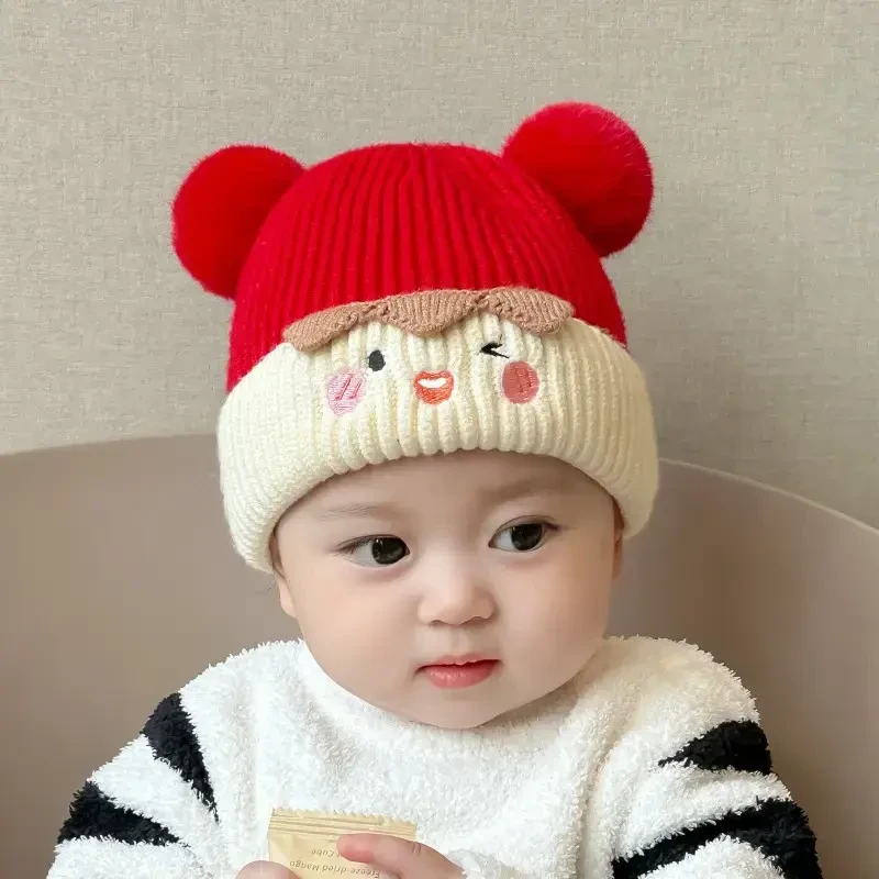 宝宝帽子秋冬季可爱毛球套头帽婴幼儿针织毛线加厚护耳男女超萌潮