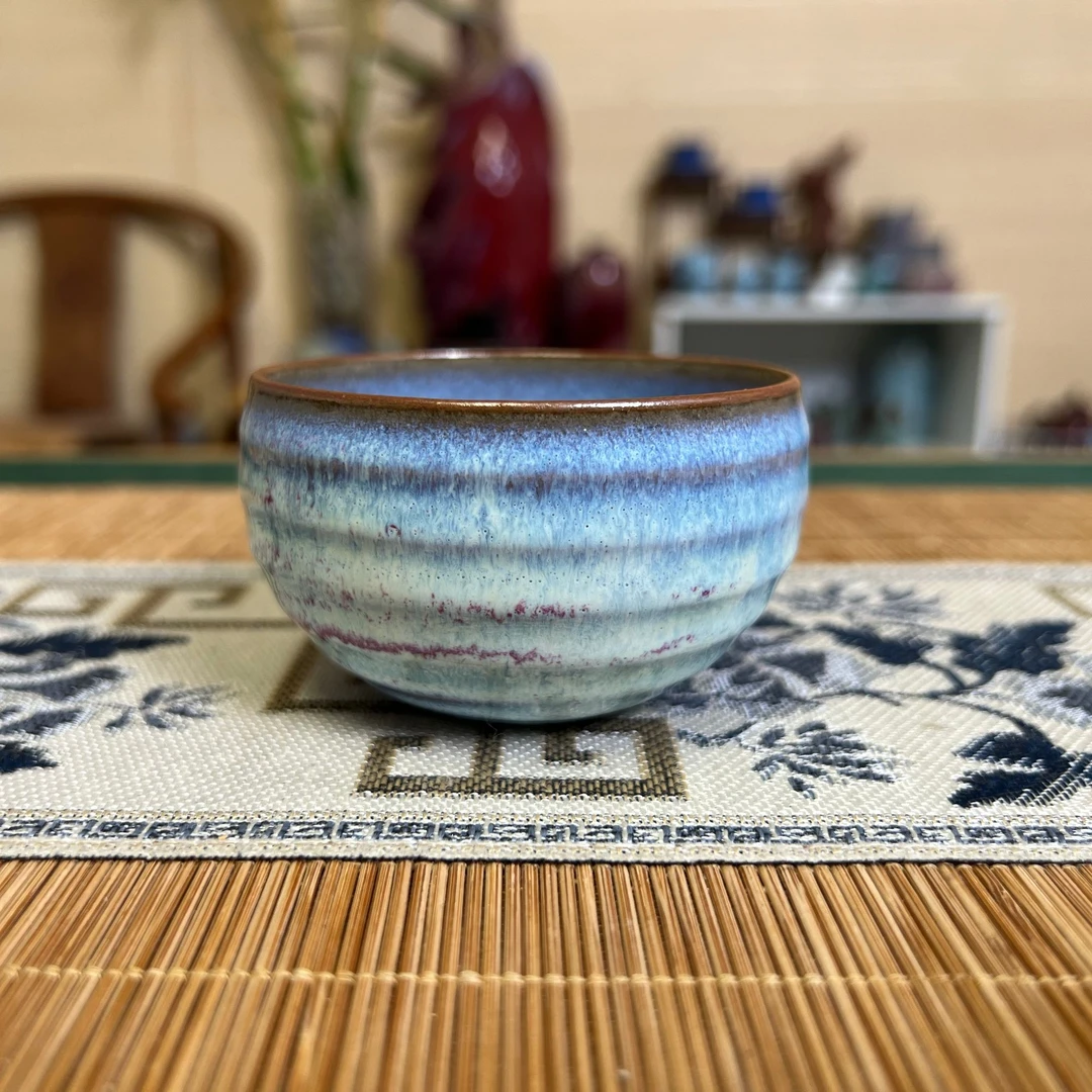 钧瓷阳绿带紫釉色主人杯玄纹杯 纯手工天然原矿釉自然窑变 杨鹏飞