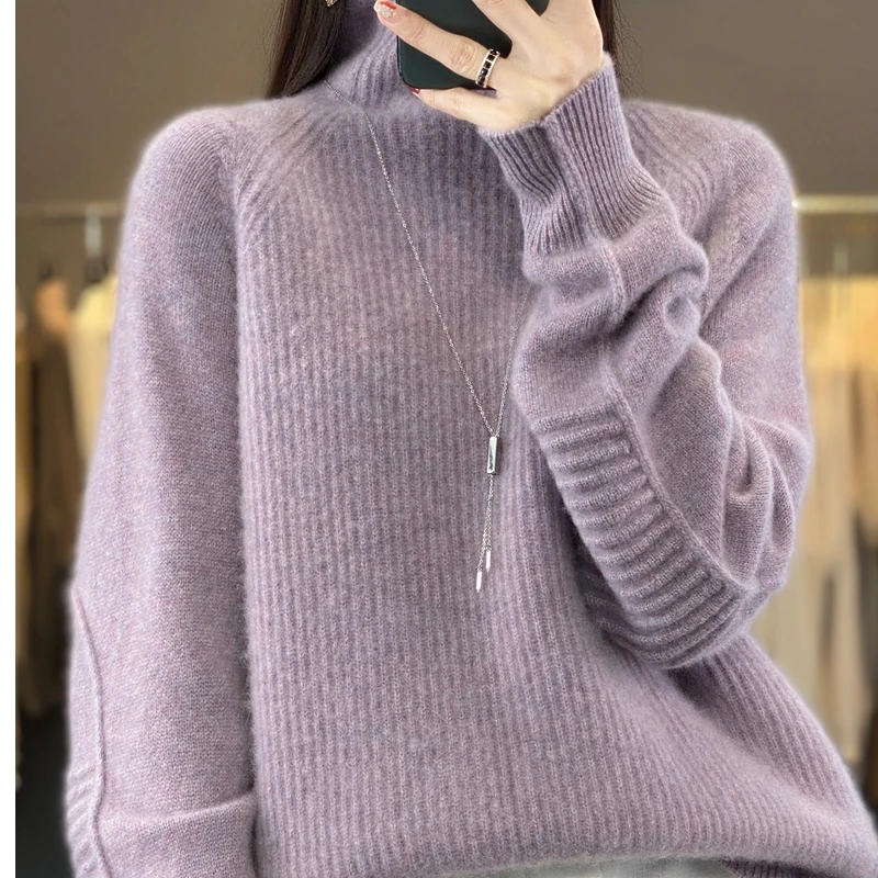 高领加厚套头100%纯羊毛衫女针织长袖慵懒风宽松毛衣打底衫ns2382