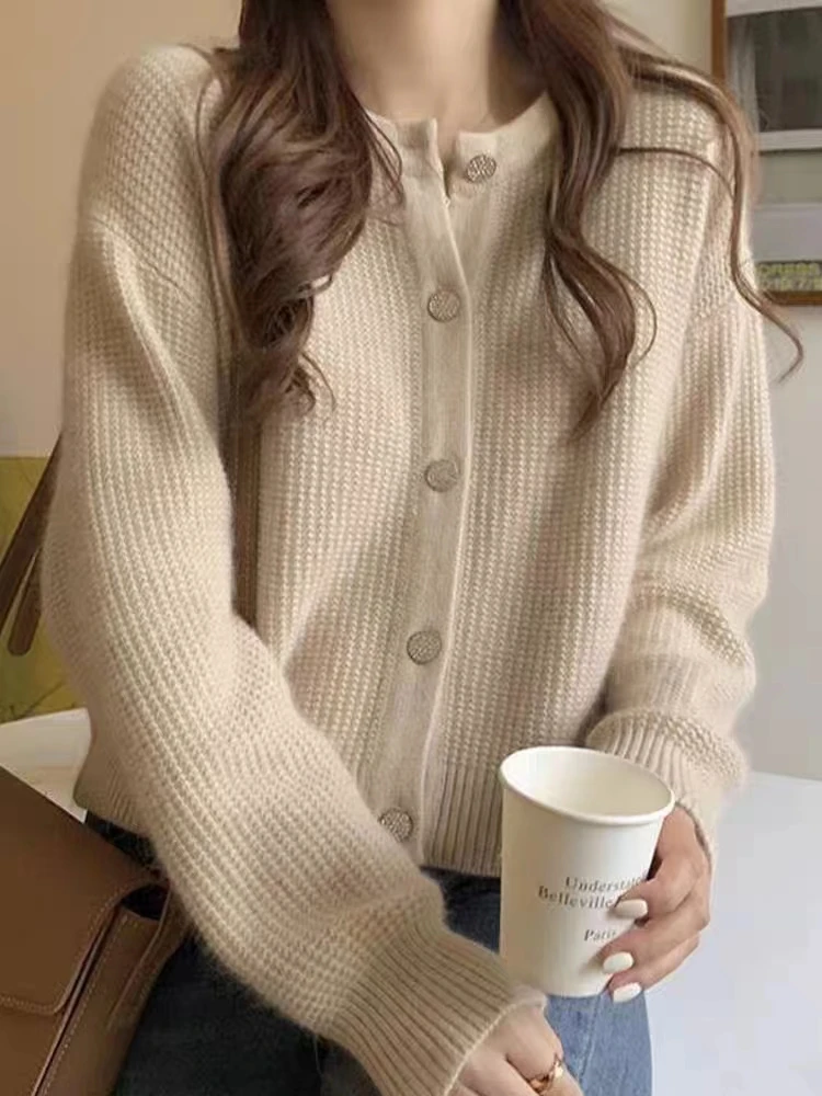 欧货短款开衫女100纯羊毛针织衫秋冬新款宽松软糯厚款毛衣外套