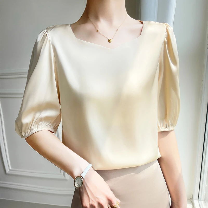 新款夏季洋气小衫泡泡五分袖上衣女纯色醋酸缎面钻石领上衣ZH-A08