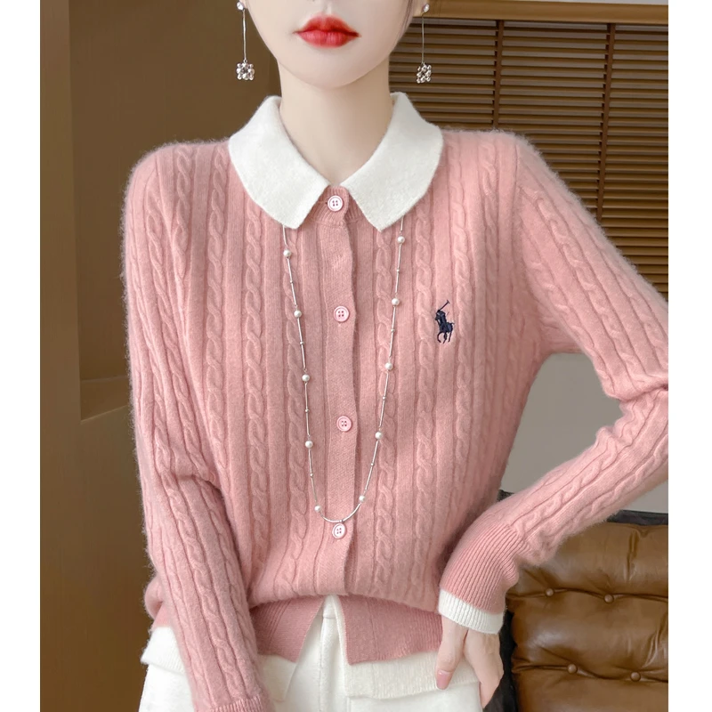 100羊毛假两件开衫女士POLO领刺绣拼色扭花针织毛衣休闲DMR-419