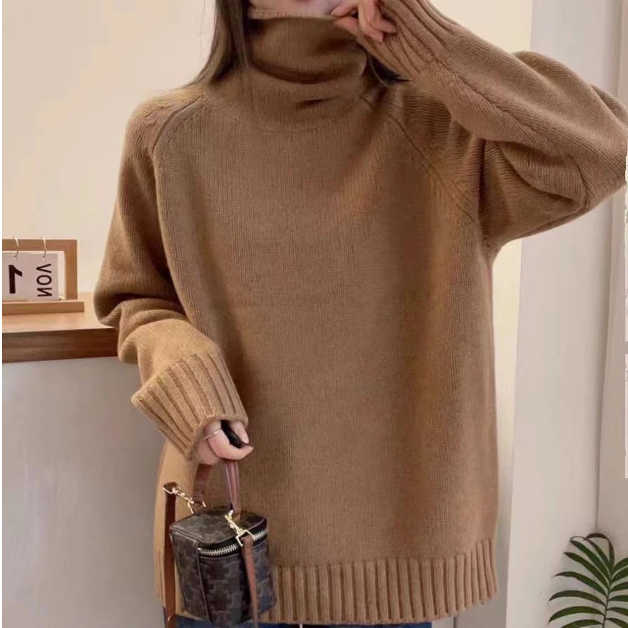 高领100纯羊毛衫女秋冬宽松欧货加厚新年红慵懒风卷边毛衣HE24190