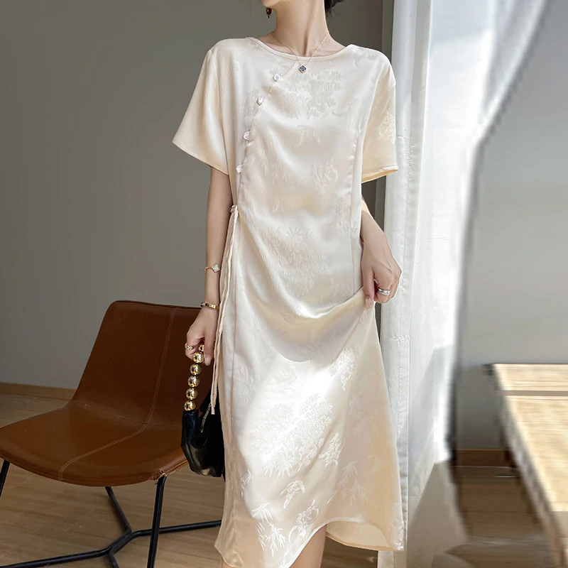 新中式气质国风旗袍裙女夏丝滑缎面提花斜襟复古短袖连衣裙JR738