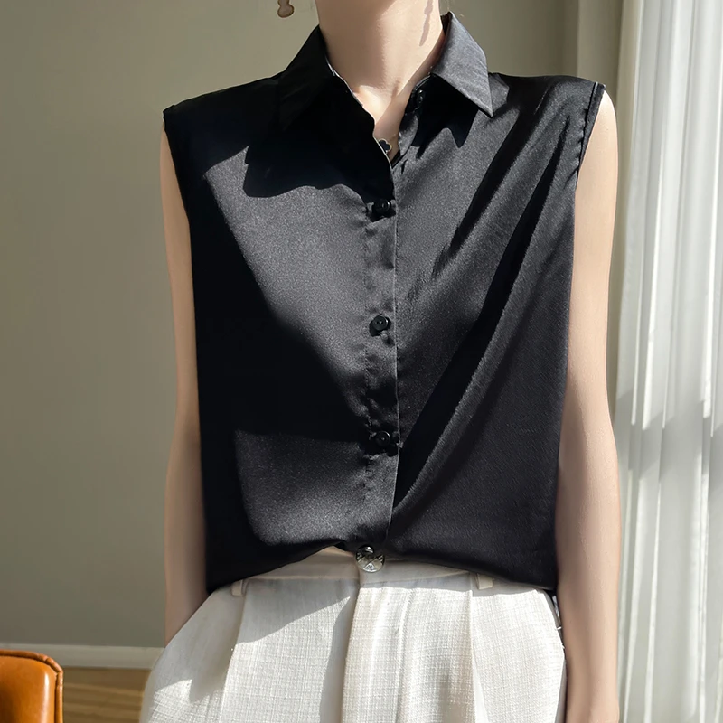 春夏新款醋酸缎面无袖衬衫女纯色宽松内搭打底通勤职业衬衣rwF05