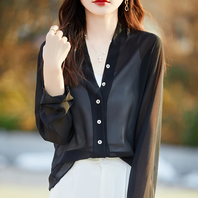 乔其纱夏薄款防晒衫女V领衬衫长袖轻奢高端气质薄款开衫上衣es07