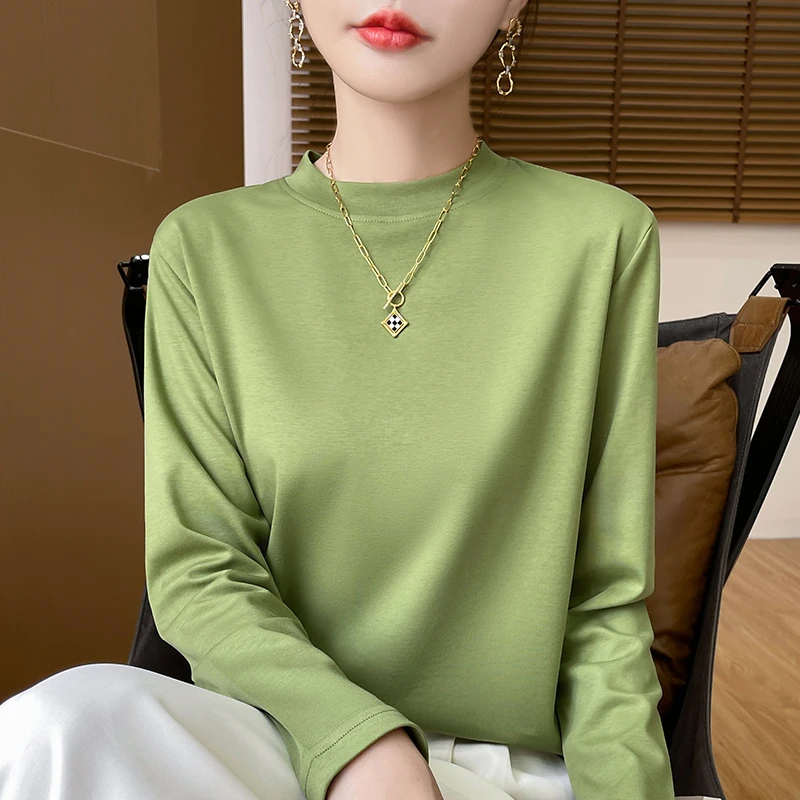 春秋新款纯棉长袖T恤衫女半高领精梳棉上衣宽松短款打底衫YQ8813