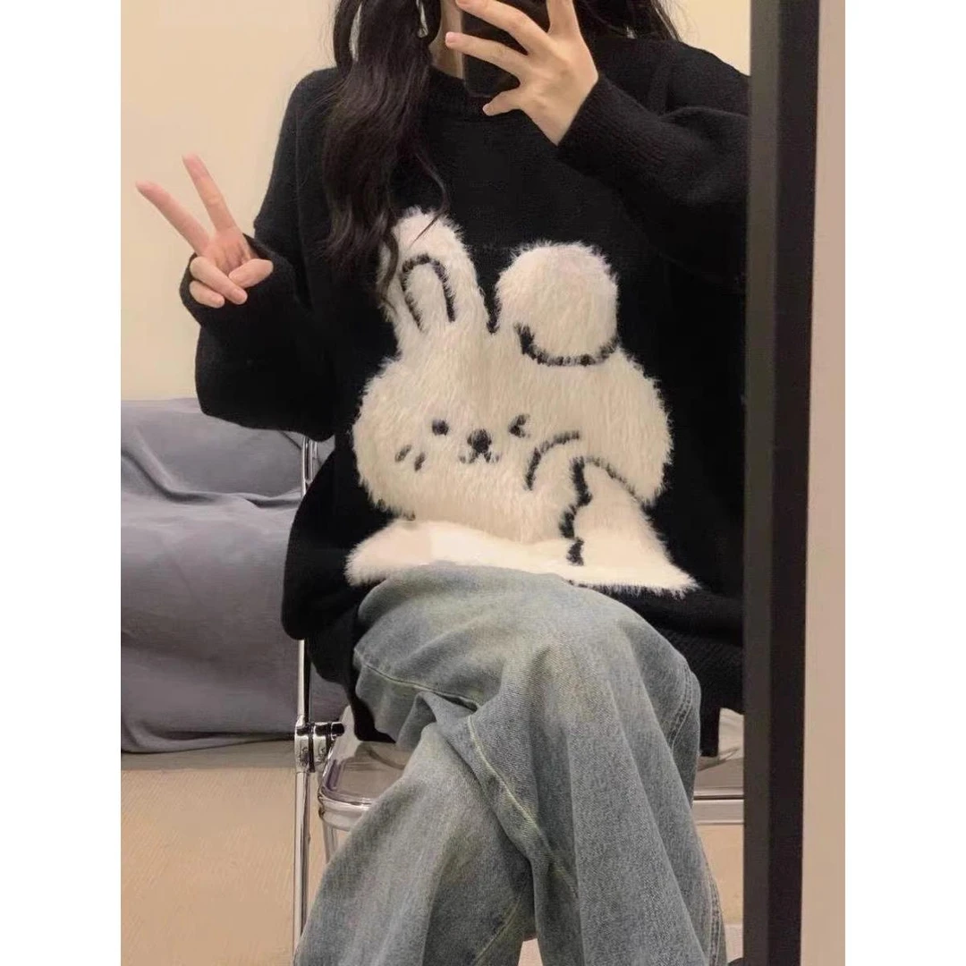 超可爱！慵懒风黑色兔子套头毛衣女秋冬新款宽松长袖针织衫上衣潮