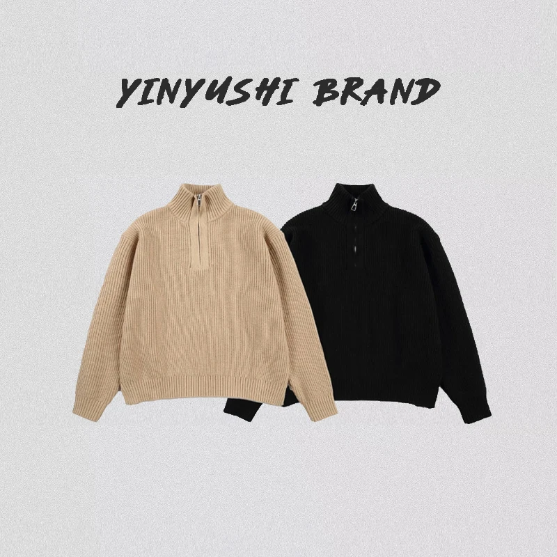 美式休闲立领拉链毛衣秋冬加厚重磅纯色垂感针织衫男女半高领外套