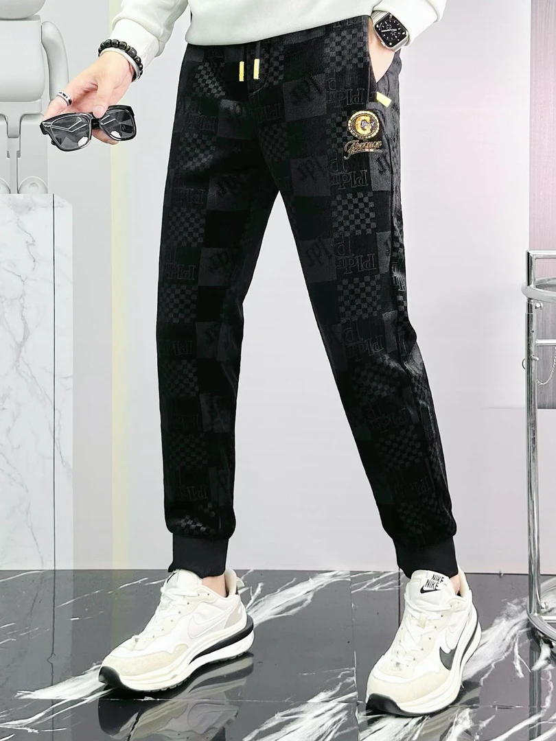 新款欧货5801刺绣金丝绒加绒加厚冬款休闲长裤男士束脚裤