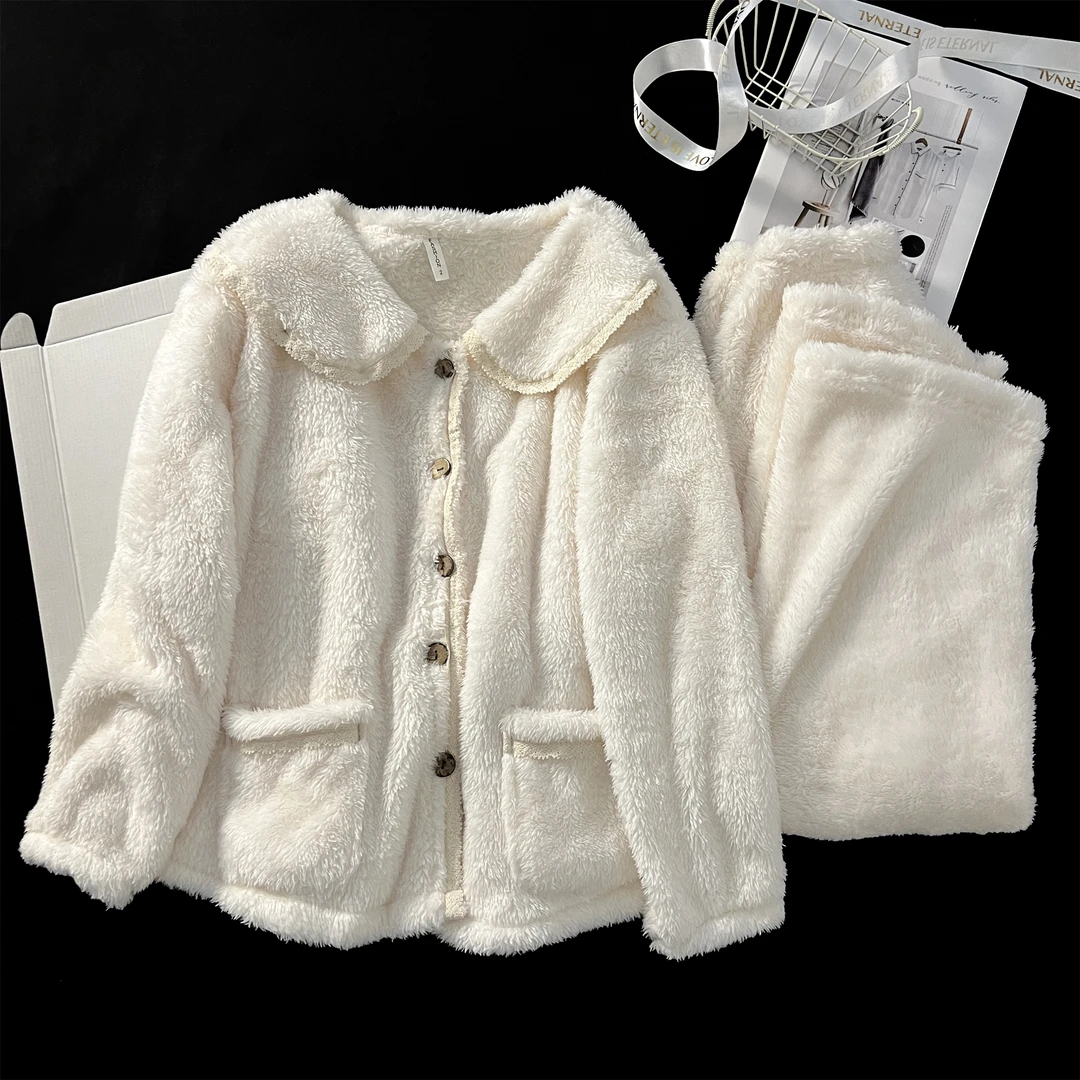 高级感珊瑚绒睡衣女新款冬季杏色花边简约加绒加厚保暖甜美家居服